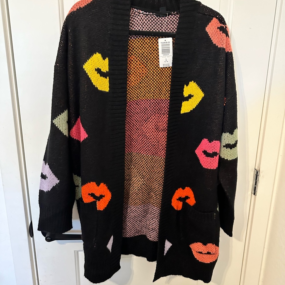 Torrid Black Cardigan with Vibrant Lip Design
